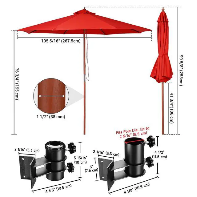 Alt view image 2 of 7 - Yescom 9ft Solid Wood Patio Umbrella with Heavy Duty Deck Corner Mount Kit Bracket & Pulley System for Backyard BBQ Gathering, Classic Red