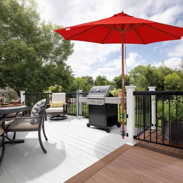 Main image of Yescom 9ft Solid Wood Patio Umbrella with Heavy Duty Deck Corner Mount Kit Bracket & Pulley System for Backyard BBQ Gathering, Classic Red