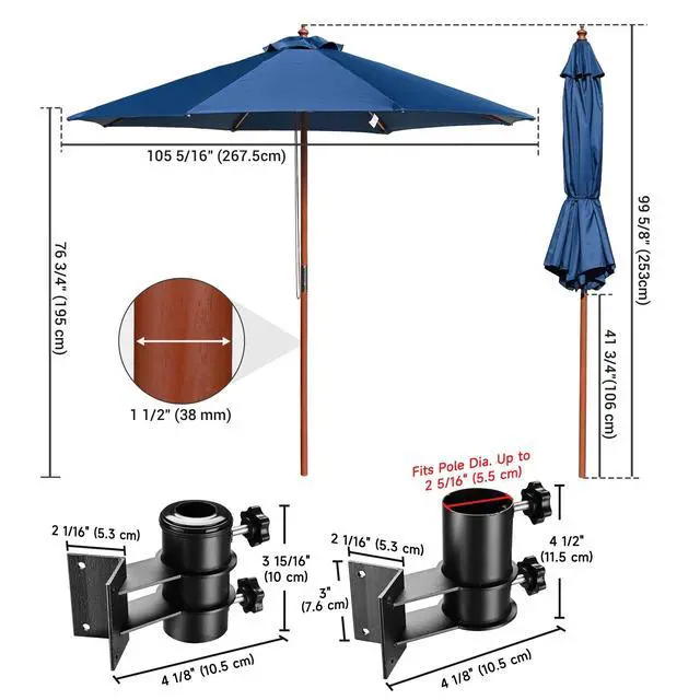 Alt view image 2 of 7 - Yescom 9ft Solid Wood Patio Umbrella with Heavy Duty Deck Corner Mount Kit Bracket & Pulley System for Backyard BBQ Gathering, Navy Blue
