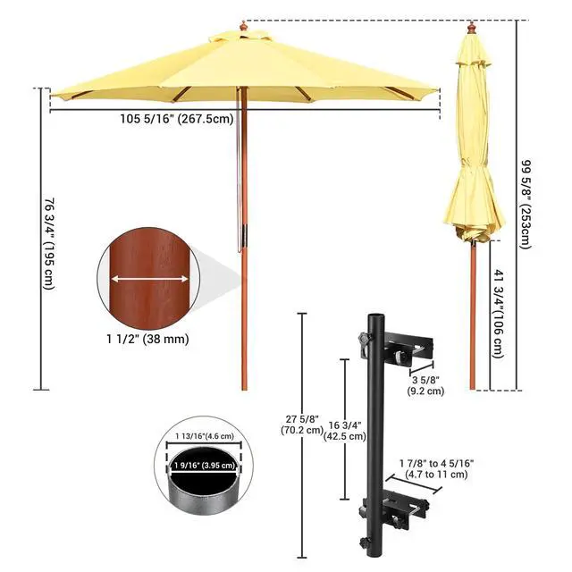 Alt view image 2 of 7 - Yescom 9' Solid Wood Patio Umbrella with Heavy Duty Deck No-Drill Mount Kit Bracket & Pulley System for Backyard BBQ Gathering, Creamy Butter Yellow