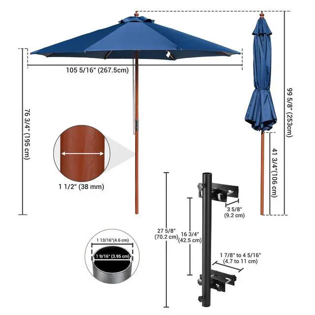 Alt view image 2 of 7 - Yescom 9' Solid Wood Patio Umbrella with Heavy Duty Deck No-Drill Mount Kit Bracket & Pulley System for Backyard BBQ Gathering, Navy Blue