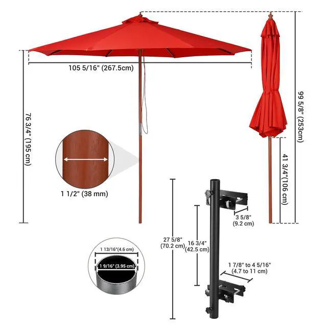 Alt view image 2 of 7 - Yescom 9' Solid Wood Patio Umbrella with Heavy Duty Deck No-Drill Mount Kit Bracket & Pulley System for Backyard BBQ Gathering, Classic Red