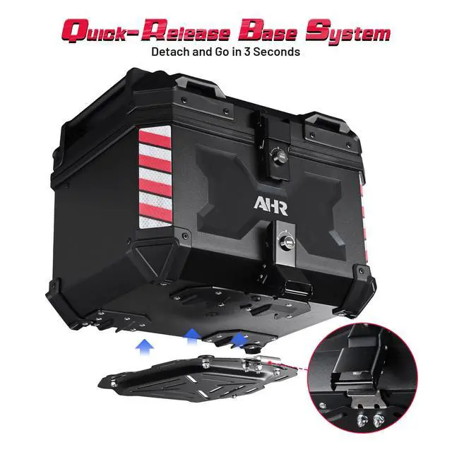 Alt view image 2 of 7 - AHR 45L Motorcycle Cargo Box w/ Quick Release Base Motorcycle Tail Box Corner Guards Carry Handles for Touring Daily Commute ABS w/ Black Coating