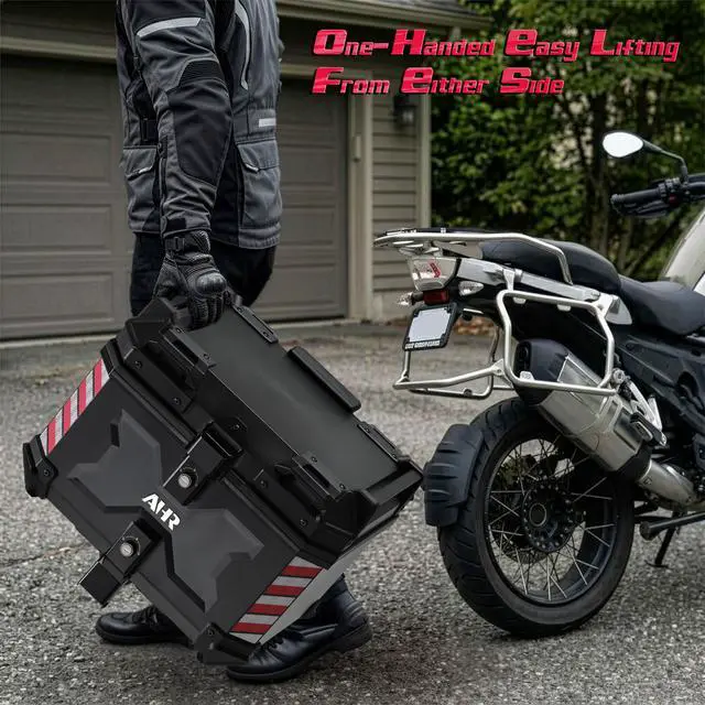 Alt view image 3 of 7 - AHR 45L Motorcycle Cargo Box w/ Quick Release Base Motorcycle Tail Box Corner Guards Carry Handles for Touring Daily Commute ABS w/ Black Coating