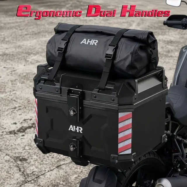Alt view image 4 of 7 - AHR 45L Motorcycle Cargo Box w/ Quick Release Base Motorcycle Tail Box Corner Guards Carry Handles for Touring Daily Commute ABS w/ Black Coating