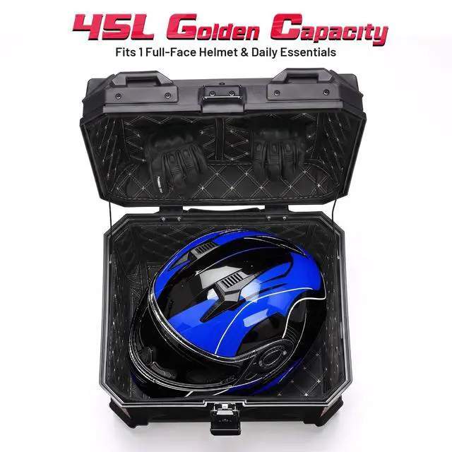 Alt view image 5 of 7 - AHR 45L Motorcycle Cargo Box w/ Quick Release Base Motorcycle Tail Box Corner Guards Carry Handles for Touring Daily Commute ABS w/ Black Coating