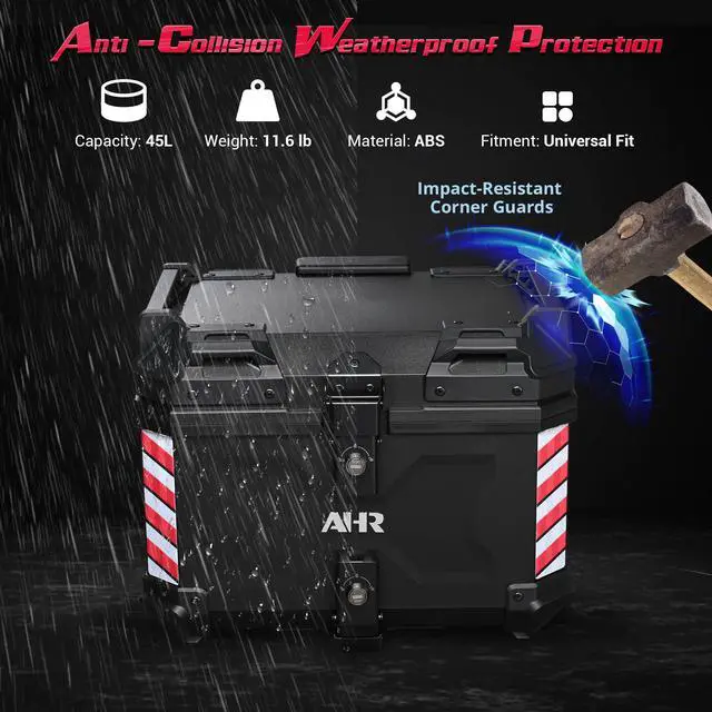 Alt view image 6 of 7 - AHR 45L Motorcycle Cargo Box w/ Quick Release Base Motorcycle Tail Box Corner Guards Carry Handles for Touring Daily Commute ABS w/ Black Coating
