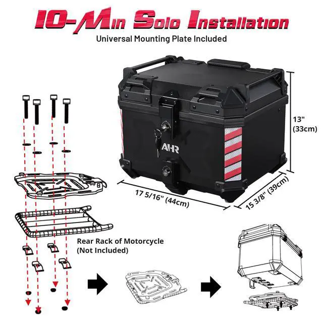 Alt view image 7 of 7 - AHR 45L Motorcycle Cargo Box w/ Quick Release Base Motorcycle Tail Box Corner Guards Carry Handles for Touring Daily Commute ABS w/ Black Coating