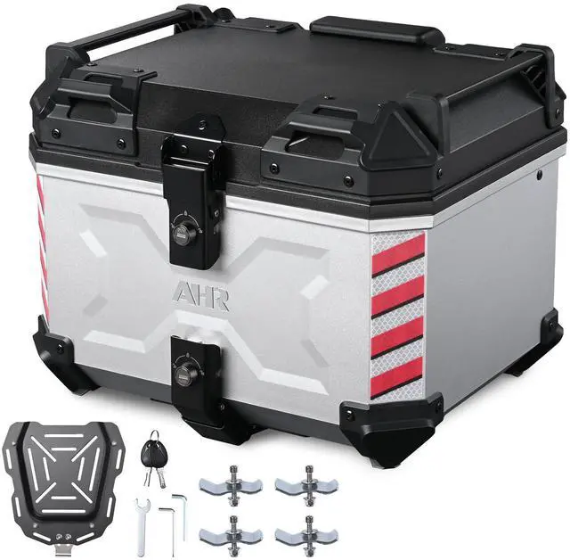 Main image of AHR 45L Motorcycle Cargo Box w/ Quick Release Base Motorcycle Tail Box Corner Guards Carry Handles for Touring Daily Commute ABS w/ Silver Coating
