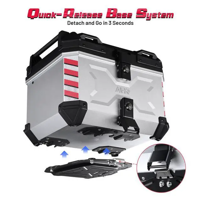 Alt view image 2 of 7 - AHR 45L Motorcycle Cargo Box w/ Quick Release Base Motorcycle Tail Box Corner Guards Carry Handles for Touring Daily Commute ABS w/ Silver Coating