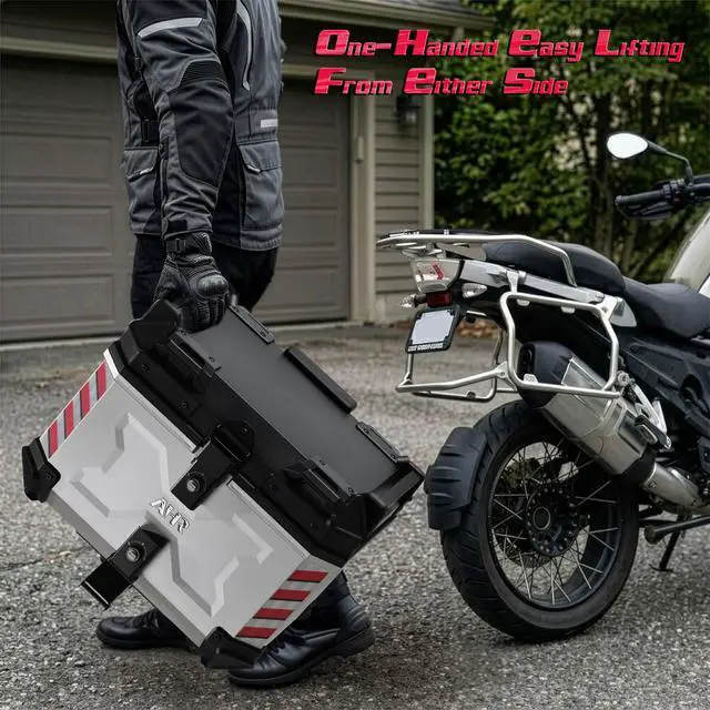 Alt view image 3 of 7 - AHR 45L Motorcycle Cargo Box w/ Quick Release Base Motorcycle Tail Box Corner Guards Carry Handles for Touring Daily Commute ABS w/ Silver Coating