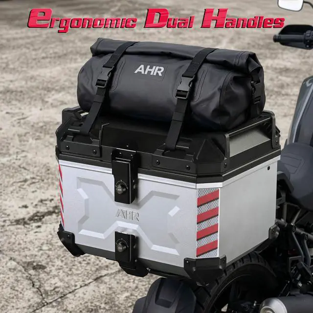 Alt view image 4 of 7 - AHR 45L Motorcycle Cargo Box w/ Quick Release Base Motorcycle Tail Box Corner Guards Carry Handles for Touring Daily Commute ABS w/ Silver Coating