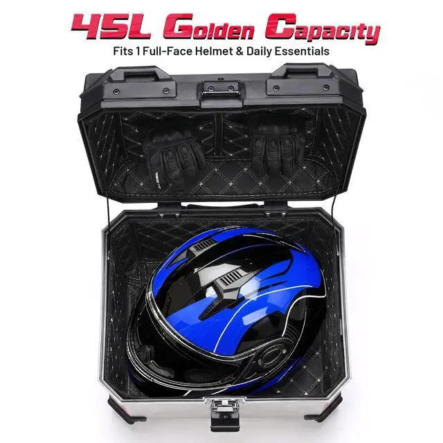 Alt view image 5 of 7 - AHR 45L Motorcycle Cargo Box w/ Quick Release Base Motorcycle Tail Box Corner Guards Carry Handles for Touring Daily Commute ABS w/ Silver Coating