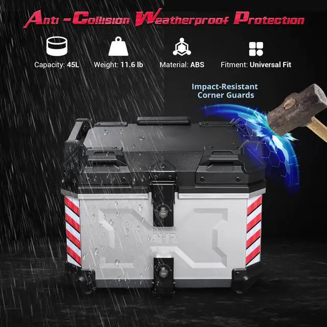 Alt view image 6 of 7 - AHR 45L Motorcycle Cargo Box w/ Quick Release Base Motorcycle Tail Box Corner Guards Carry Handles for Touring Daily Commute ABS w/ Silver Coating