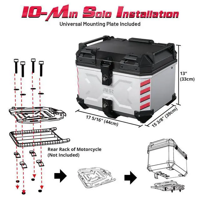 Alt view image 7 of 7 - AHR 45L Motorcycle Cargo Box w/ Quick Release Base Motorcycle Tail Box Corner Guards Carry Handles for Touring Daily Commute ABS w/ Silver Coating