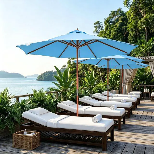 Alt view image 6 of 7 - Yescom 9FT Solid Wooden Outdoor Patio Umbrella for Wedding Event Party Deck Resort Poolside Yard Garden Beach Shade Blue