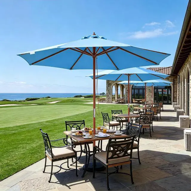 Alt view image 7 of 7 - Yescom 9FT Solid Wooden Outdoor Patio Umbrella for Wedding Event Party Deck Resort Poolside Yard Garden Beach Shade Blue