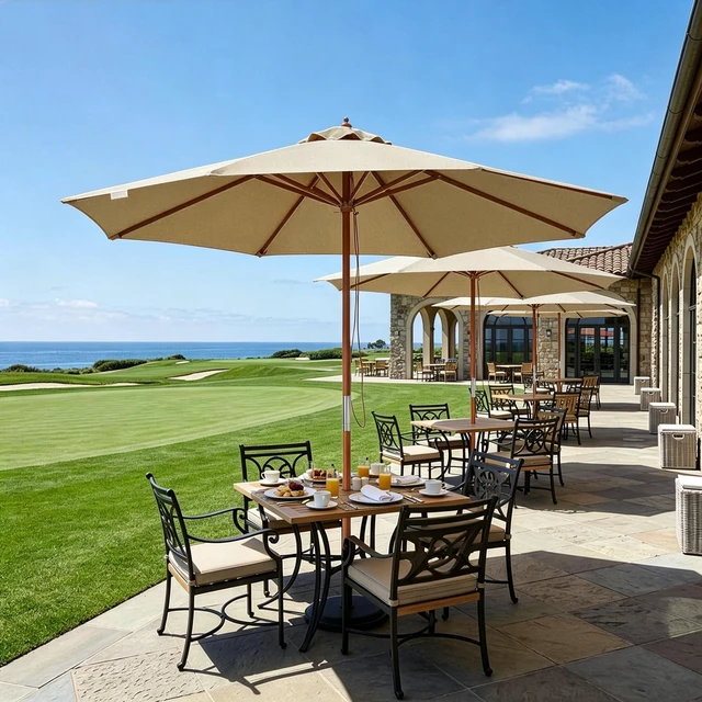 Alt view image 7 of 7 - Yescom 9FT Wooden Patio Umbrella UV30+ for Beach Pool Wedding Party Table Market Garden Yard Hotel Deck Cafe Tan