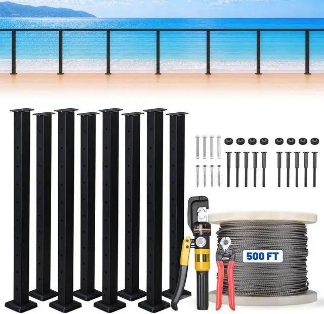 Main image of Yescom 36" Cable Railing Post x8 Complete Set with 1/8" Silver Cable Wire Hardware Installation Tools for 25-35ft Horizontal Deck Railing