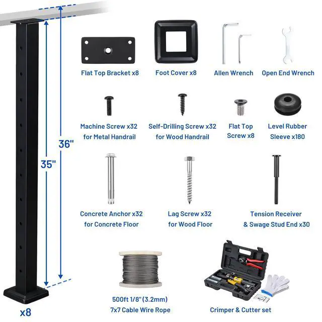Alt view image 3 of 7 - Yescom 36" Cable Railing Post x8 Complete Set with 1/8" Silver Cable Wire Hardware Installation Tools for 25-35ft Horizontal Deck Railing