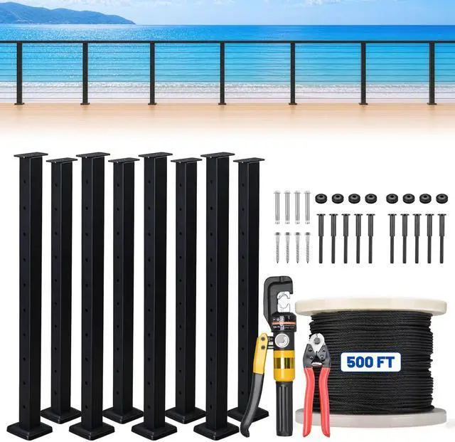Main image of Yescom 36" Black Cable Railing Post x8 Complete Set with 1/8" Cable Wire Hardware Installation Tools for 25-35ft Horizontal Deck Railing