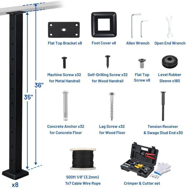 Alt view image 3 of 7 - Yescom 36" Black Cable Railing Post x8 Complete Set with 1/8" Cable Wire Hardware Installation Tools for 25-35ft Horizontal Deck Railing