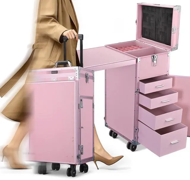 Main image of Byootique Nail Desk Mobile Station Rolling Makeup Train Case Manicure Table with Telescopic Handle, Pink