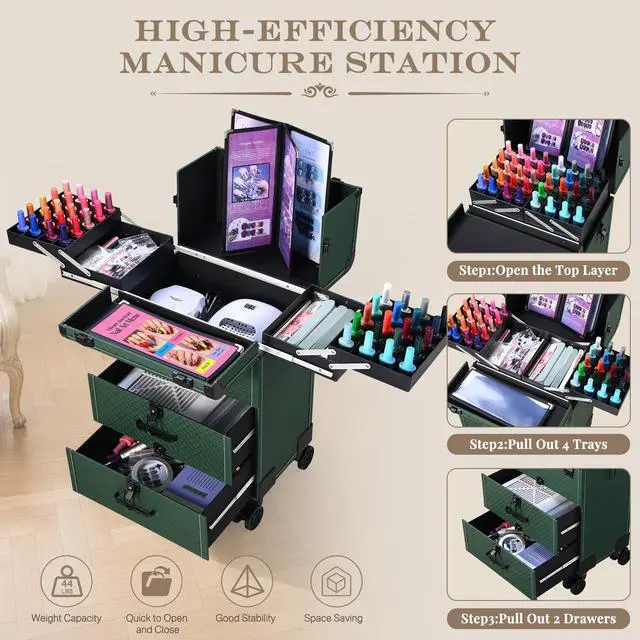 Alt view image 2 of 7 - Byootique Rolling Nail Cosmetology Case 2 Drawer Swatch Cover for Nail Tech