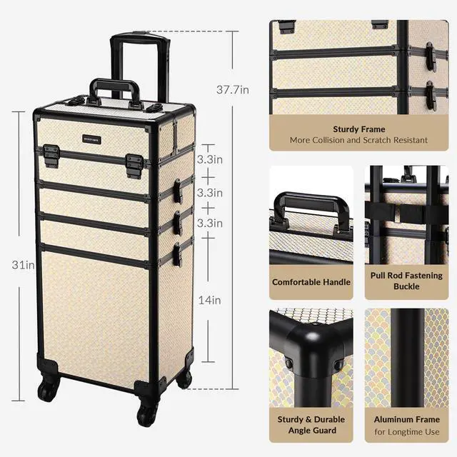 Alt view image 5 of 7 - Byootique Rolling Makeup Train Case on Wheels 4in1 Cosmetology Art Deco Pastel