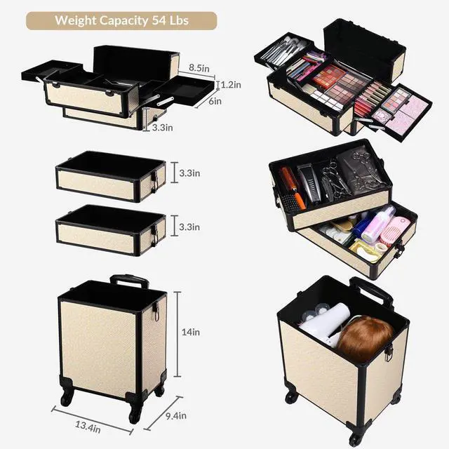 Alt view image 2 of 7 - Byootique Rolling Makeup Train Case on Wheels 4in1 Cosmetology Art Deco Pastel