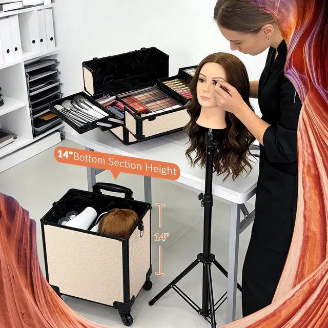 Alt view image 7 of 7 - Byootique Rolling Makeup Train Case on Wheels 4in1 Cosmetology Art Deco Pastel