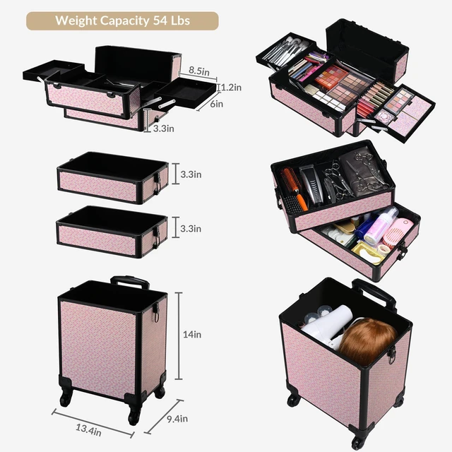 Alt view image 2 of 7 - Byootique Large Rolling Makeup Case on Wheels 4in1 Cosmetology Art Deco Bloom