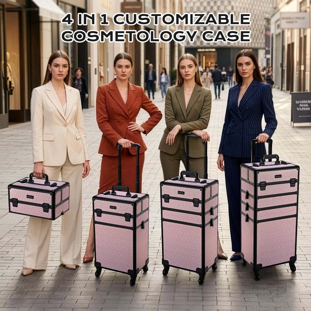 Alt view image 4 of 7 - Byootique Large Rolling Makeup Case on Wheels 4in1 Cosmetology Art Deco Bloom