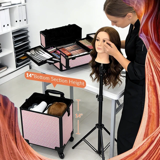 Alt view image 7 of 7 - Byootique Large Rolling Makeup Case on Wheels 4in1 Cosmetology Art Deco Bloom