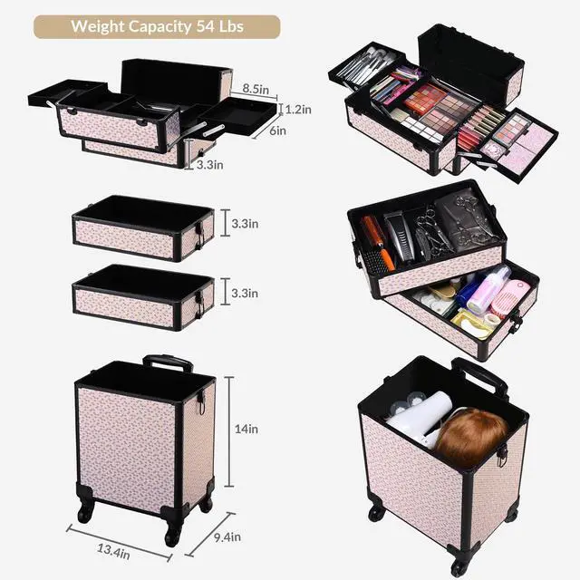 Alt view image 2 of 7 - Byootique Cosmetology Case on Wheels 4in1 Professional Makeup Art Deco Tyrian