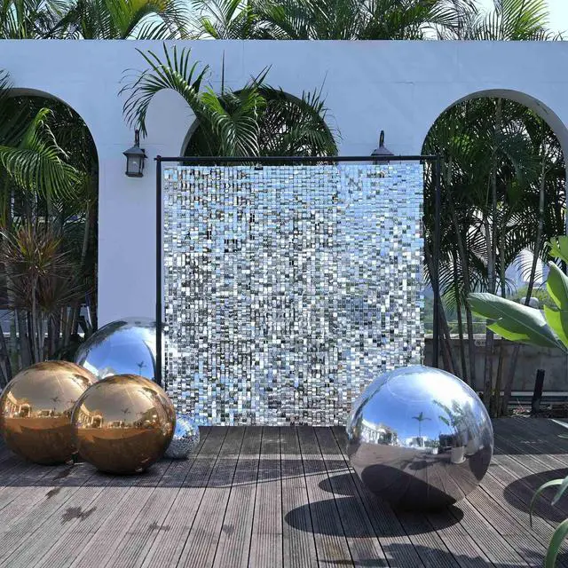 Alt view image 2 of 7 - Instahibit 10x7FT Shimmer Wall Backdrop Adjustable Background Stand 72 Pcs Sliver Square Sequin Panel for Wedding Party