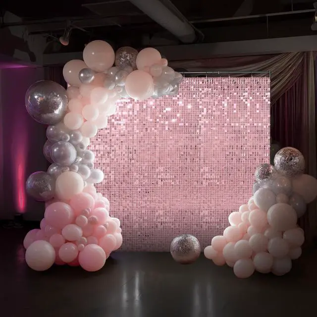 Alt view image 2 of 7 - Instahibit 10x7 FT Shimmer Wall Backdrop Adjustable Background Stand 72 Pcs Pink Square Sequin Panels for Wedding Party