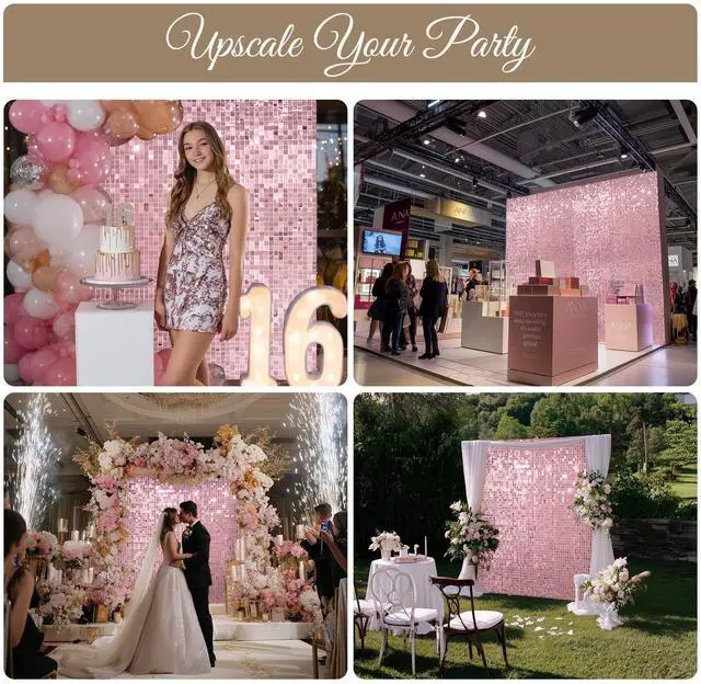 Alt view image 5 of 7 - Instahibit 10x7 FT Shimmer Wall Backdrop Adjustable Background Stand 72 Pcs Pink Square Sequin Panels for Wedding Party