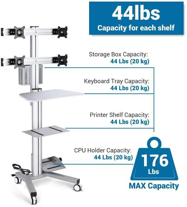 Alt view image 2 of 7 - Yescom NexusX Commander Rolling Computer Cart 4-Monitors Industrial Heavy-Duty Mobile Workstation for Production Line Monitoring MES/HMI Control Shop Floor Inspections Silver