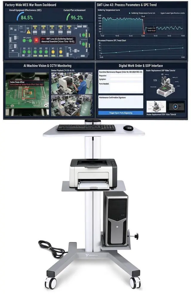 Main image of Yescom NexusX Commander Rolling Computer Cart 4-Monitors Industrial Heavy-Duty Mobile Workstation for Production Line Monitoring MES/HMI Control Shop Floor Inspections Silver