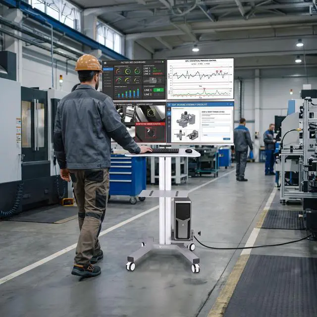 Alt view image 7 of 7 - Yescom NexusX Commander Rolling Computer Cart 4-Monitors Industrial Heavy-Duty Mobile Workstation for Production Line Monitoring MES/HMI Control Shop Floor Inspections Silver