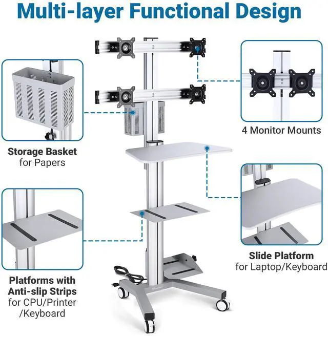 Alt view image 6 of 7 - Yescom NexusX Commander Rolling Computer Cart 4-Monitors Industrial Heavy-Duty Mobile Workstation for Production Line Monitoring MES/HMI Control Shop Floor Inspections Silver