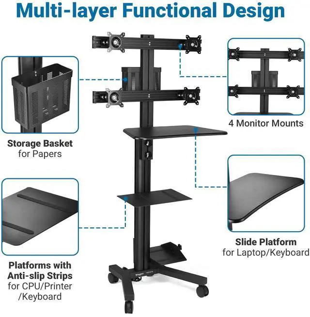 Alt view image 6 of 7 - Yescom NexusX Commander Rolling Computer Cart 4-Monitors Industrial Heavy-Duty Mobile Workstation for Production Line Monitoring MES/HMI Control Shop Floor Inspections Black