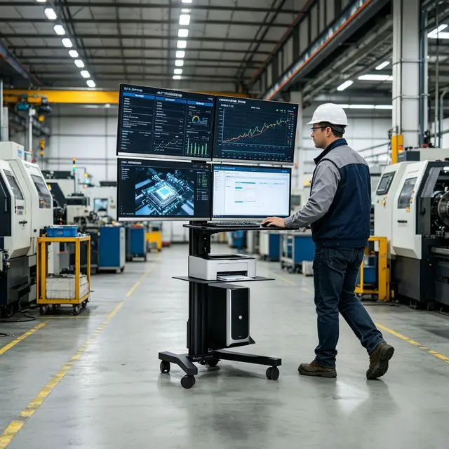 Alt view image 7 of 7 - Yescom NexusX Commander Rolling Computer Cart 4-Monitors Industrial Heavy-Duty Mobile Workstation for Production Line Monitoring MES/HMI Control Shop Floor Inspections Black