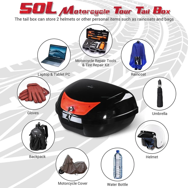 Alt view image 4 of 7 - Yescom 50L Universal Motorcycle Tour Tail Box Scooter Trunk Storage w/ Lock Case