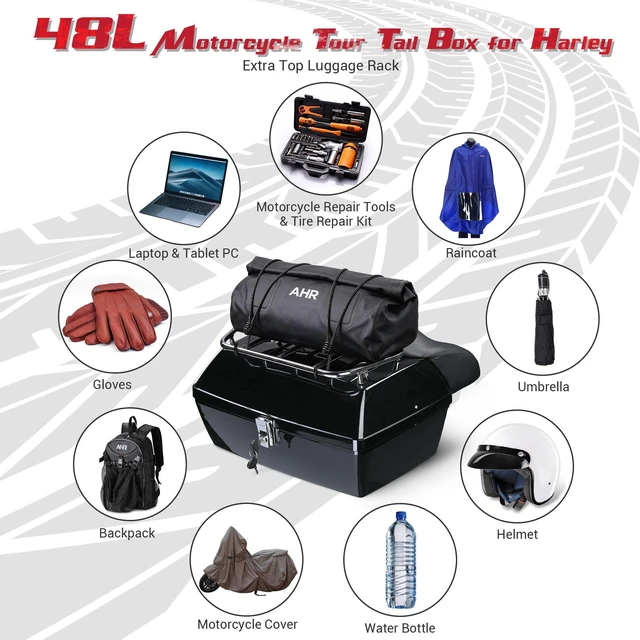 Alt view image 4 of 7 - Yescom 48L Universal Motorcycle Tail Box Top Case Luggage with Top Rack & Backrest for Harley Road King
