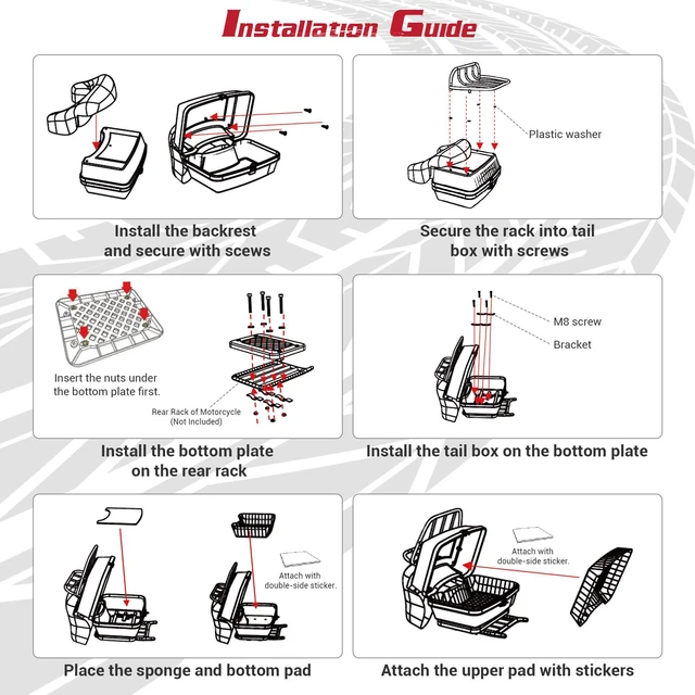 Alt view image 6 of 7 - Yescom 48L Universal Motorcycle Tail Box Top Case Luggage with Top Rack & Backrest for Harley Road King