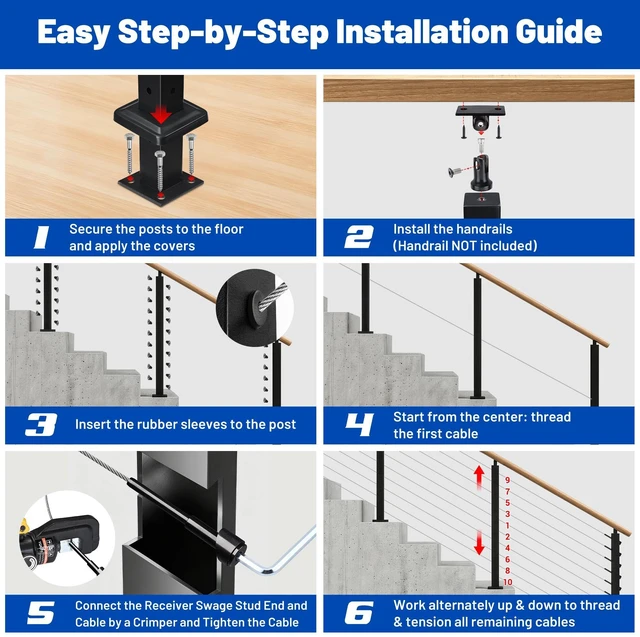 Alt view image 6 of 7 - Yescom 36" Stair Railing Indoor Outdoor Posts x6 Complete Set with 1/8" Silver Cable Hardware Kit Installation Tools for 15-25ft Staircase