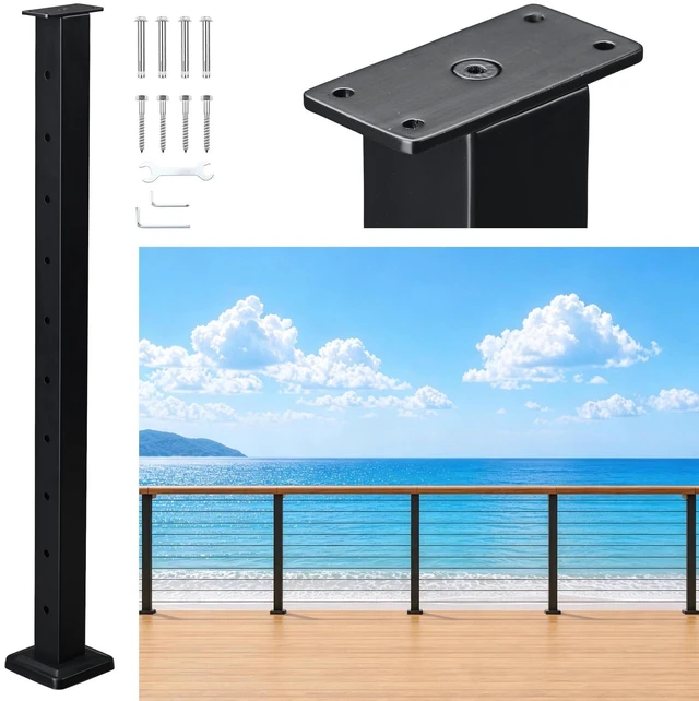 Main image of Yescom Black Cable Railing Post 36 inch for Horizontal Deck Railing Pre-Drilled Surface Mount Flat Top Easy Install Stainless Steel Deck Post