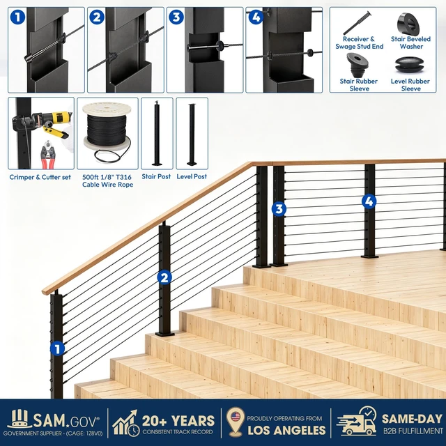 Alt view image 6 of 7 - Yescom Black Cable Railing Post 36 inch for Horizontal Deck Railing Pre-Drilled Surface Mount Flat Top Easy Install Stainless Steel Deck Post
